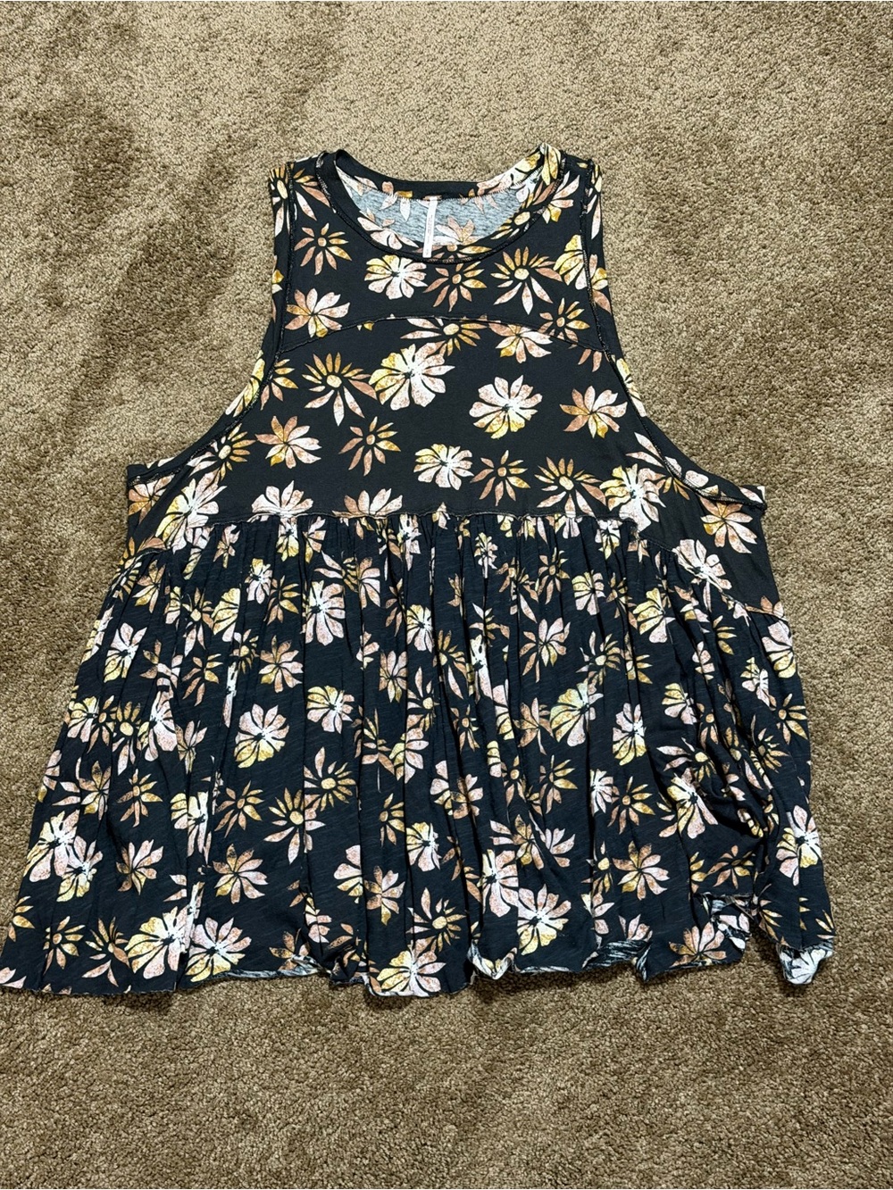 Free People Black Floral Tank with Brown and Cream Blooms